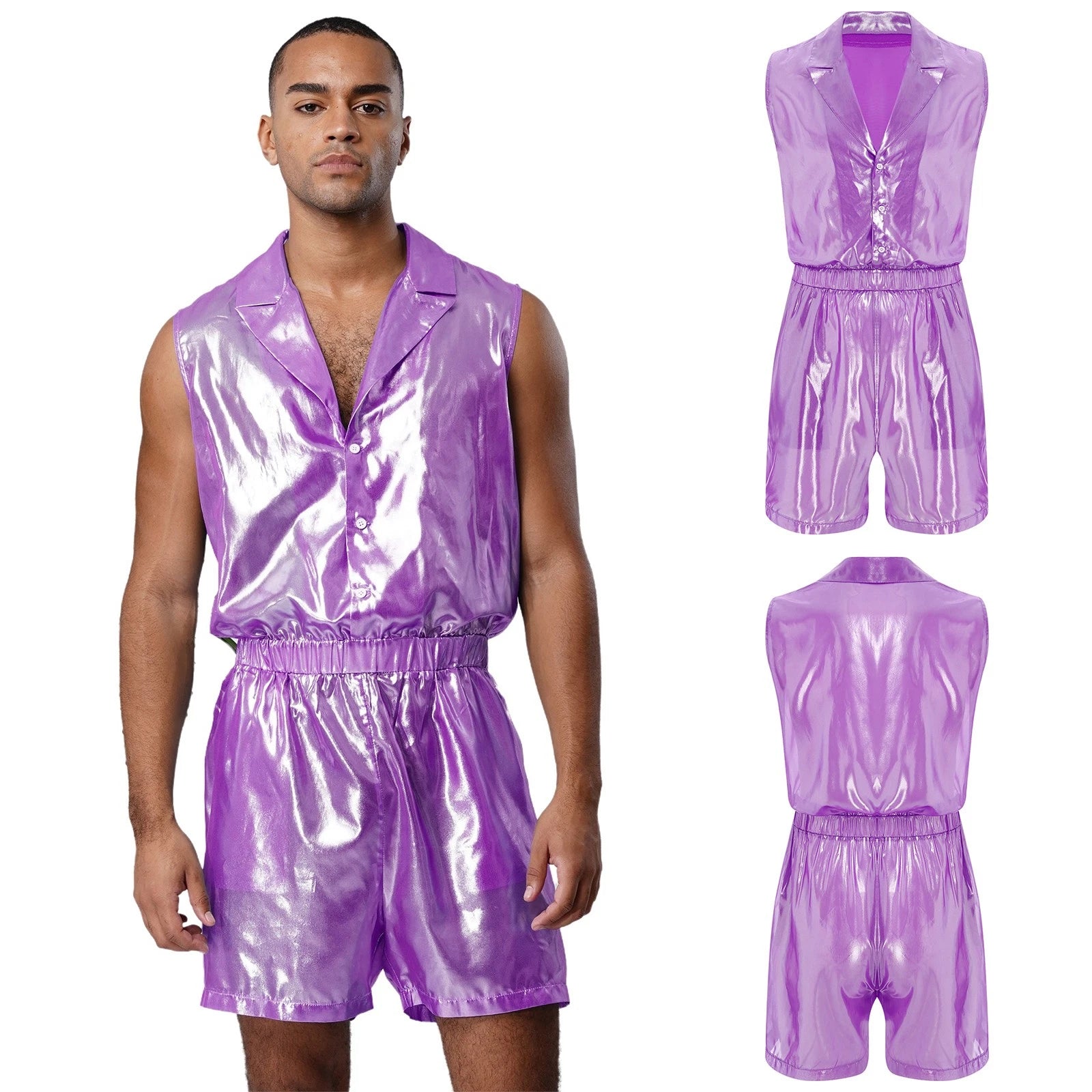 Men Shiny Glossy See-Through Metallic Chiffon Jumpsuit Bodysuit /Pajama Set