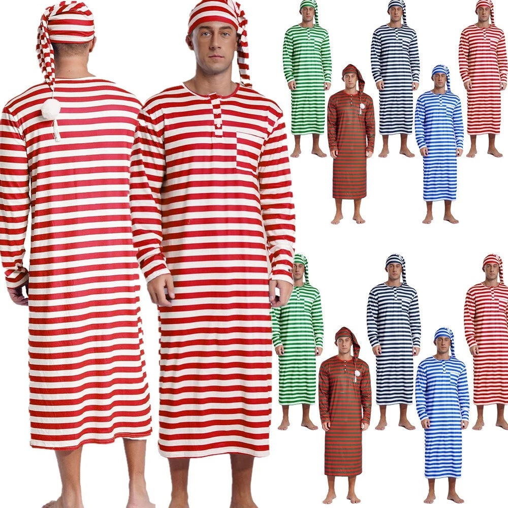Men's Pajamas Set Long Sleeve Striped Robe Round Neck Loose Sleepwear with Hat