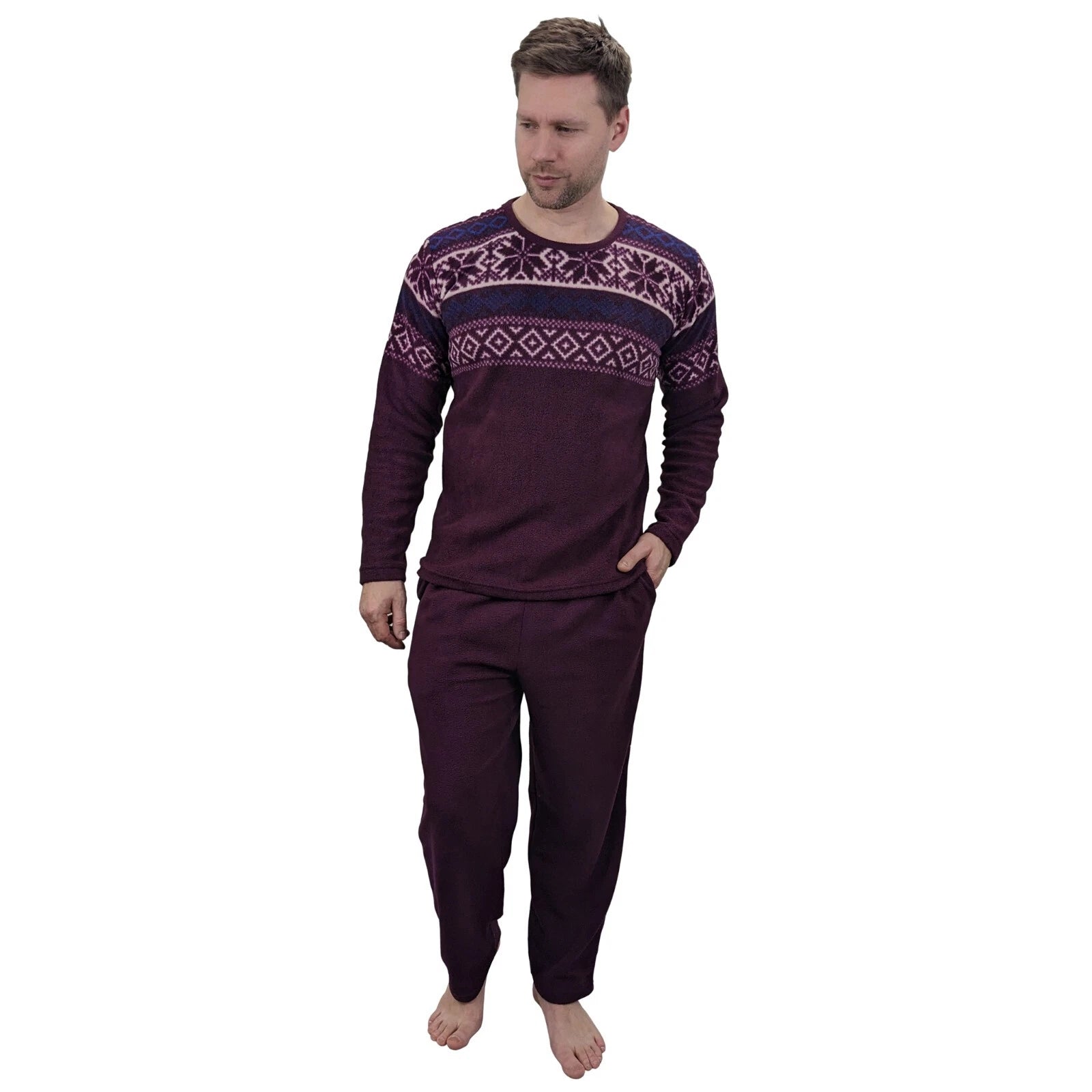 Men's Pyjama Set Fairisle Comfort Fleece Design PJS Soft Warm 2 PC S-4XL L/S PJ