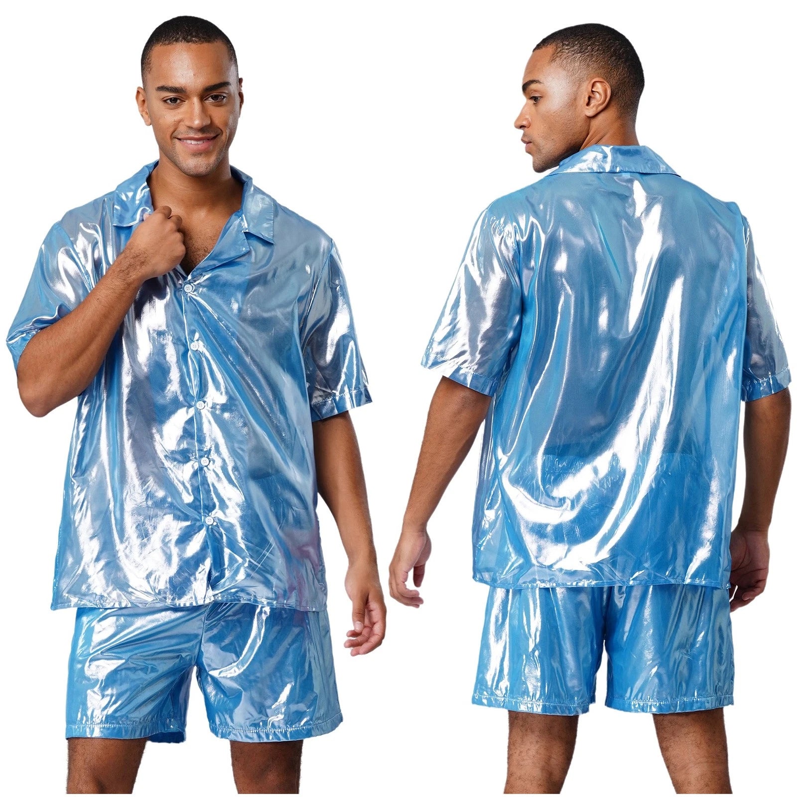 Men Shiny Glossy See-Through Metallic Chiffon Jumpsuit Bodysuit /Pajama Set