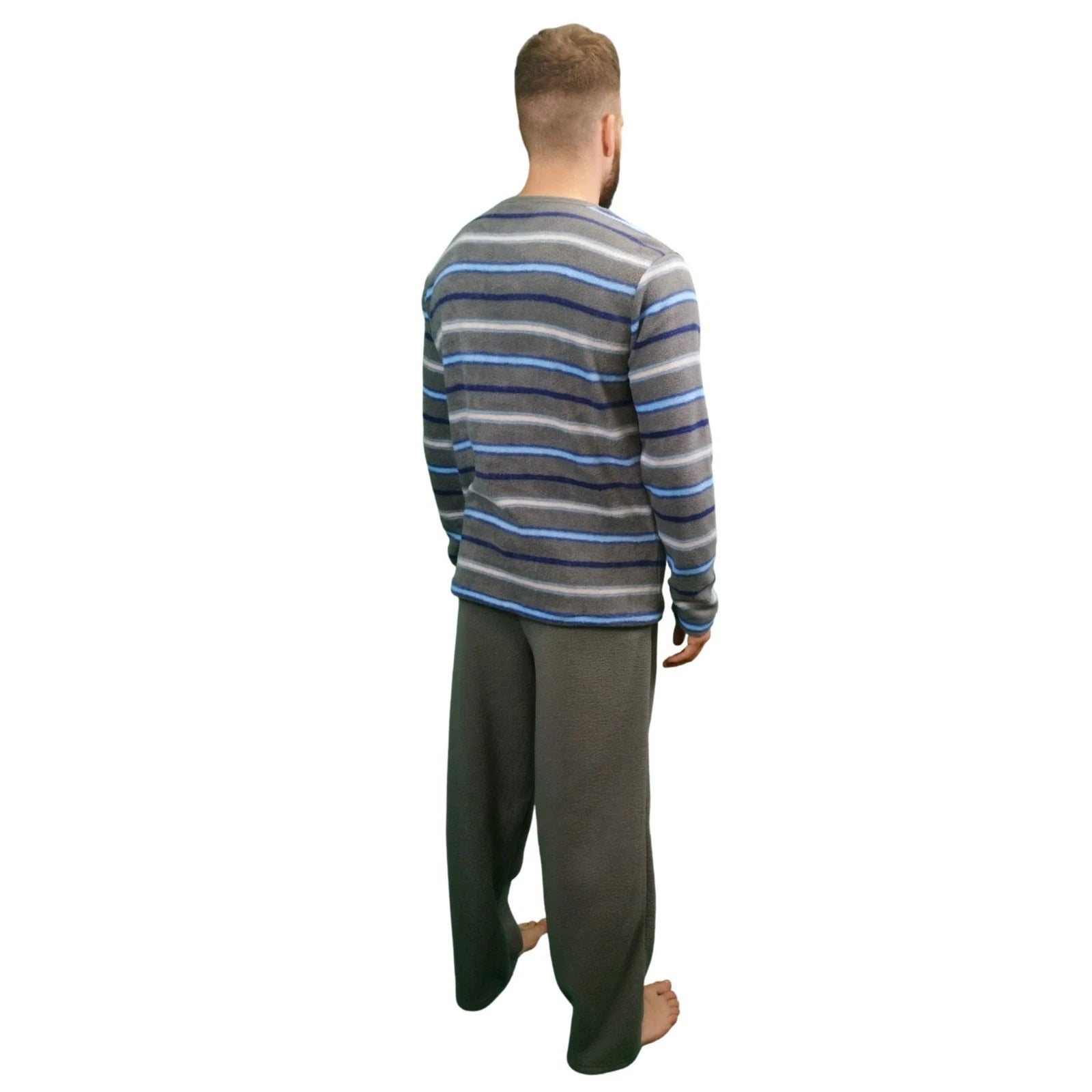 Mens Fleece Warm Soft Pyjamas Striped PJ Set Nightwear Nightsuit Pyjama S-4XL