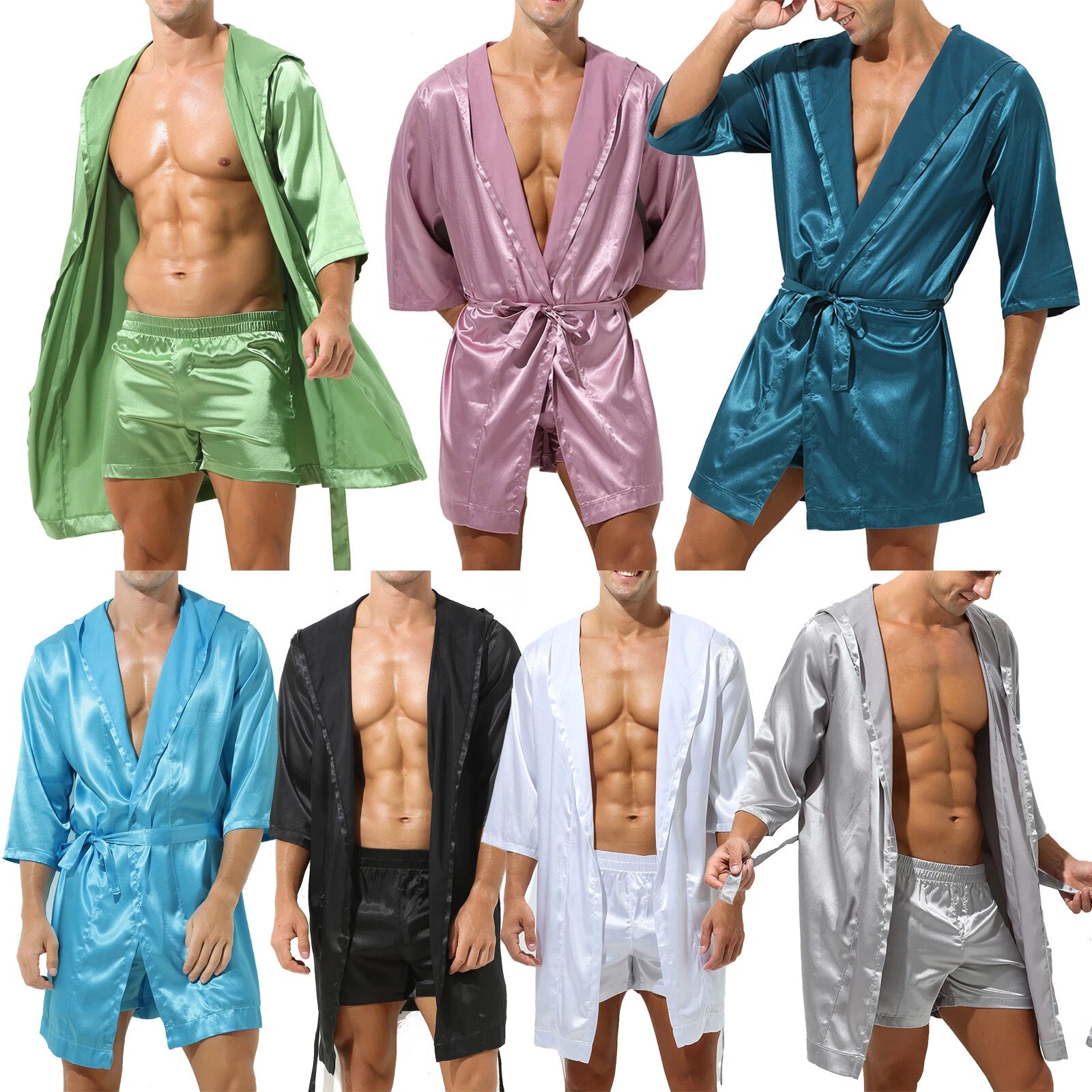 Men's Hooded Robe Set Silk Satin Night Gown Bathrobe Pajama Hot Pants Underwear