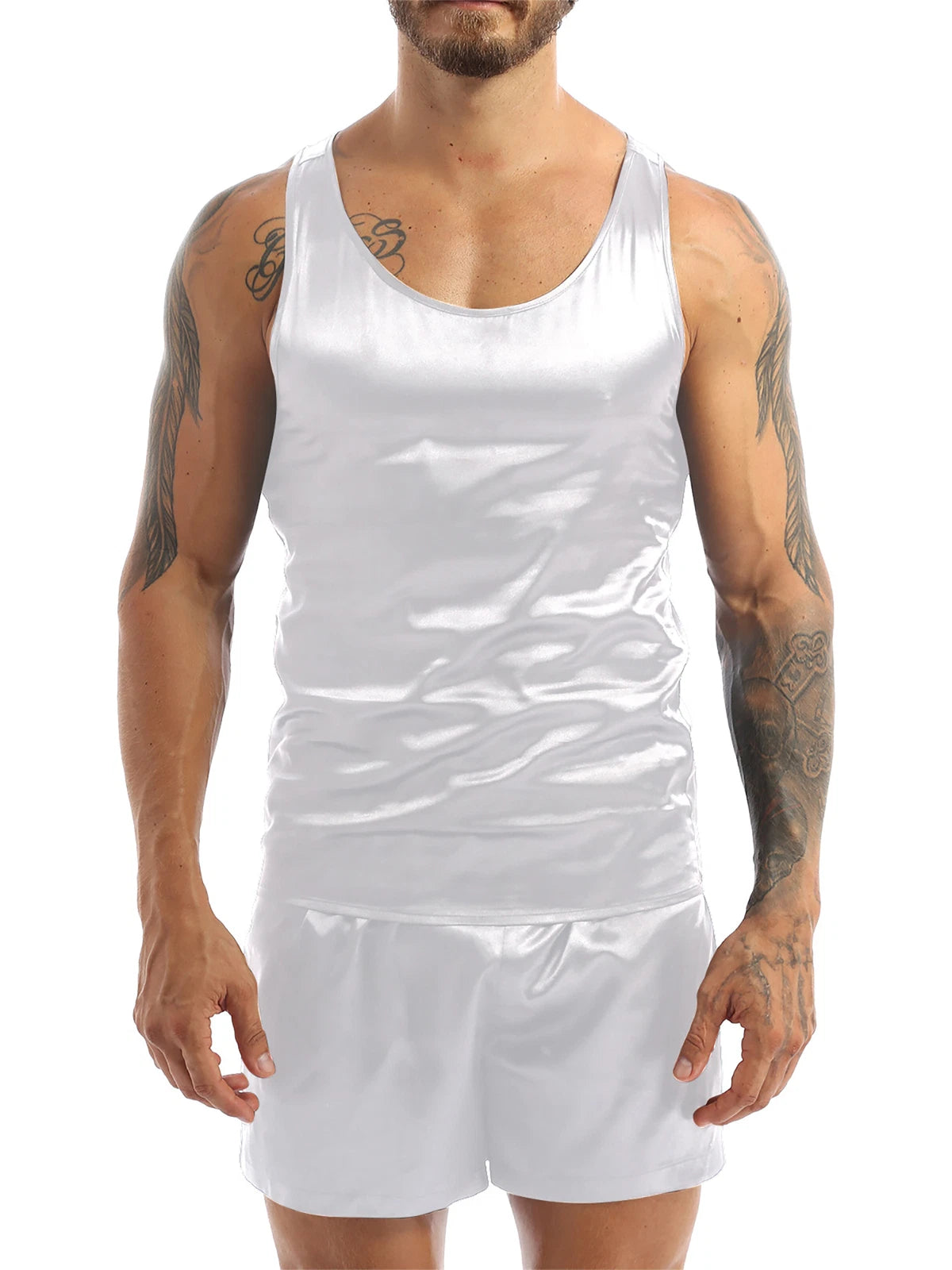 Men's Satin Pajamas Set Soft Silky Loungewear Nightwear Shirts Top with Shorts
