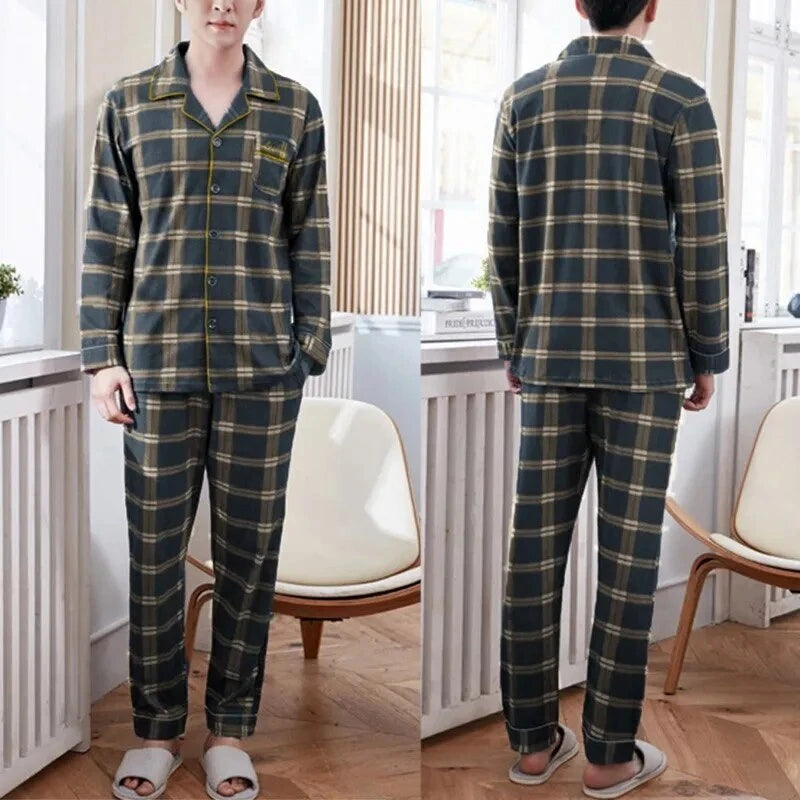 Men's Pajama Sets Simple Sleepwear Long Sleeve Cotton Top Pant Leisure Outwear