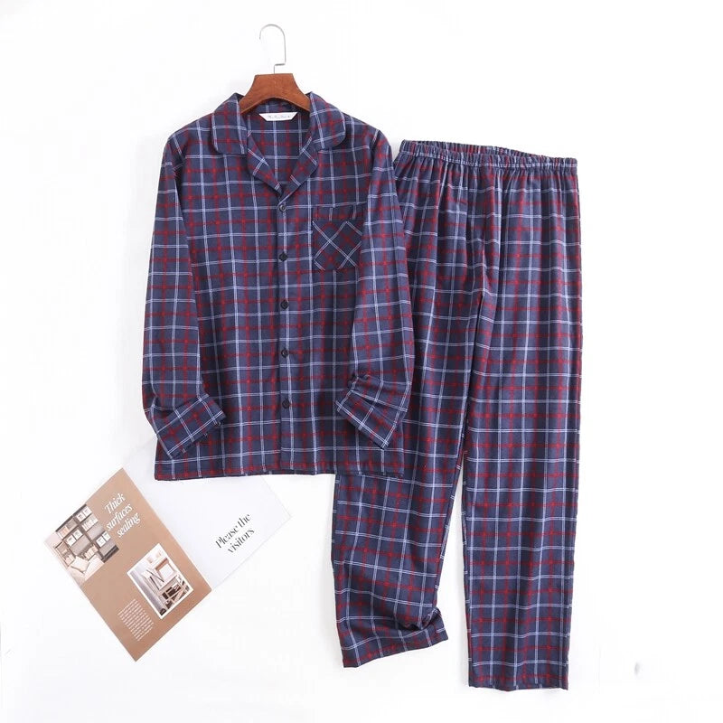 Men's Pajamas Set 100% Cotton Sleepwear Long Sleeve Button Top Pants Nightwear