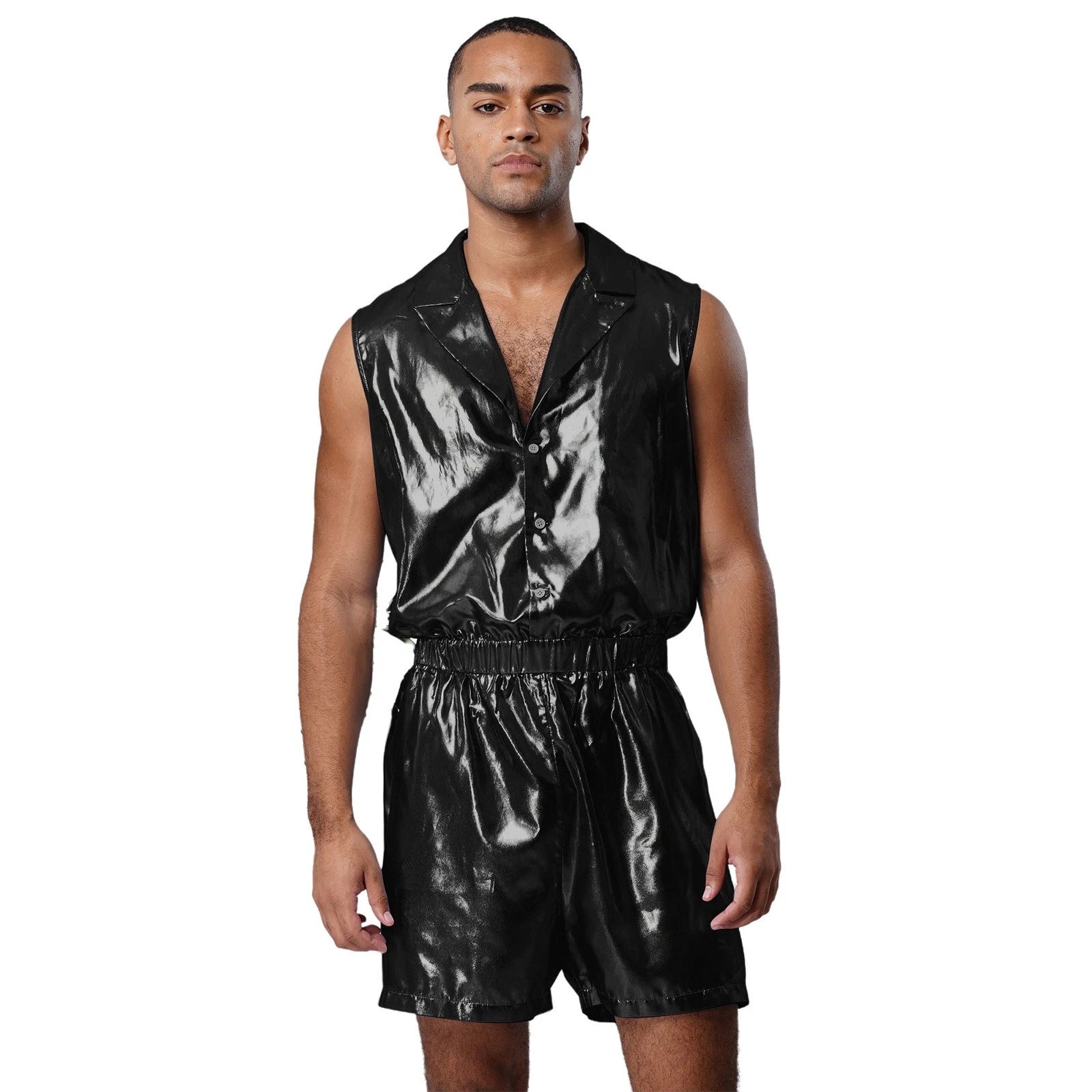 Men Shiny Glossy See-Through Metallic Chiffon Jumpsuit Bodysuit /Pajama Set