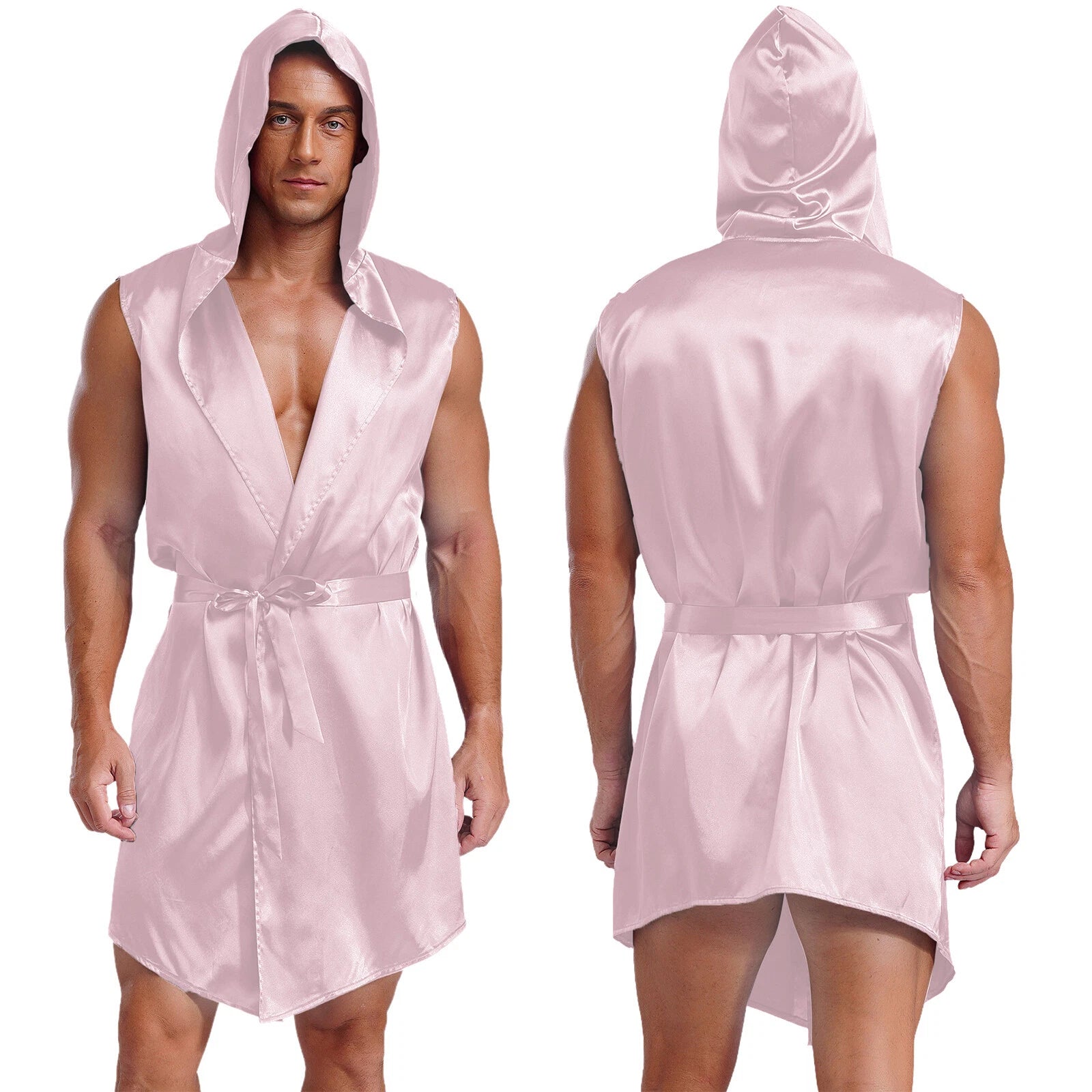 Men's Satiny Pajama Robe Set Sleeveless Silk Hooded Bathrobe with Belt Sleepwear