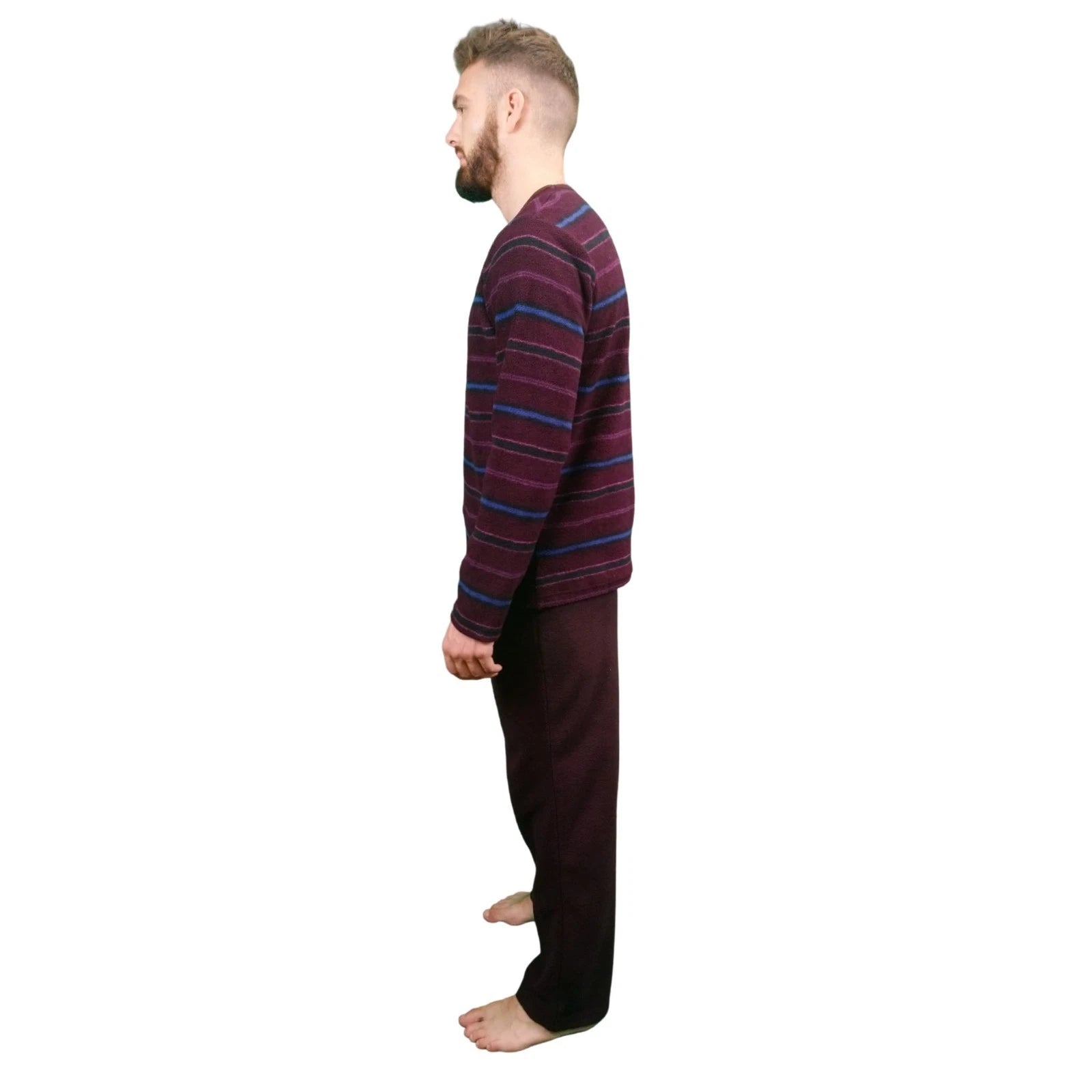 Mens Fleece Warm Soft Pyjamas Striped PJ Set Nightwear Nightsuit Pyjama S-4XL