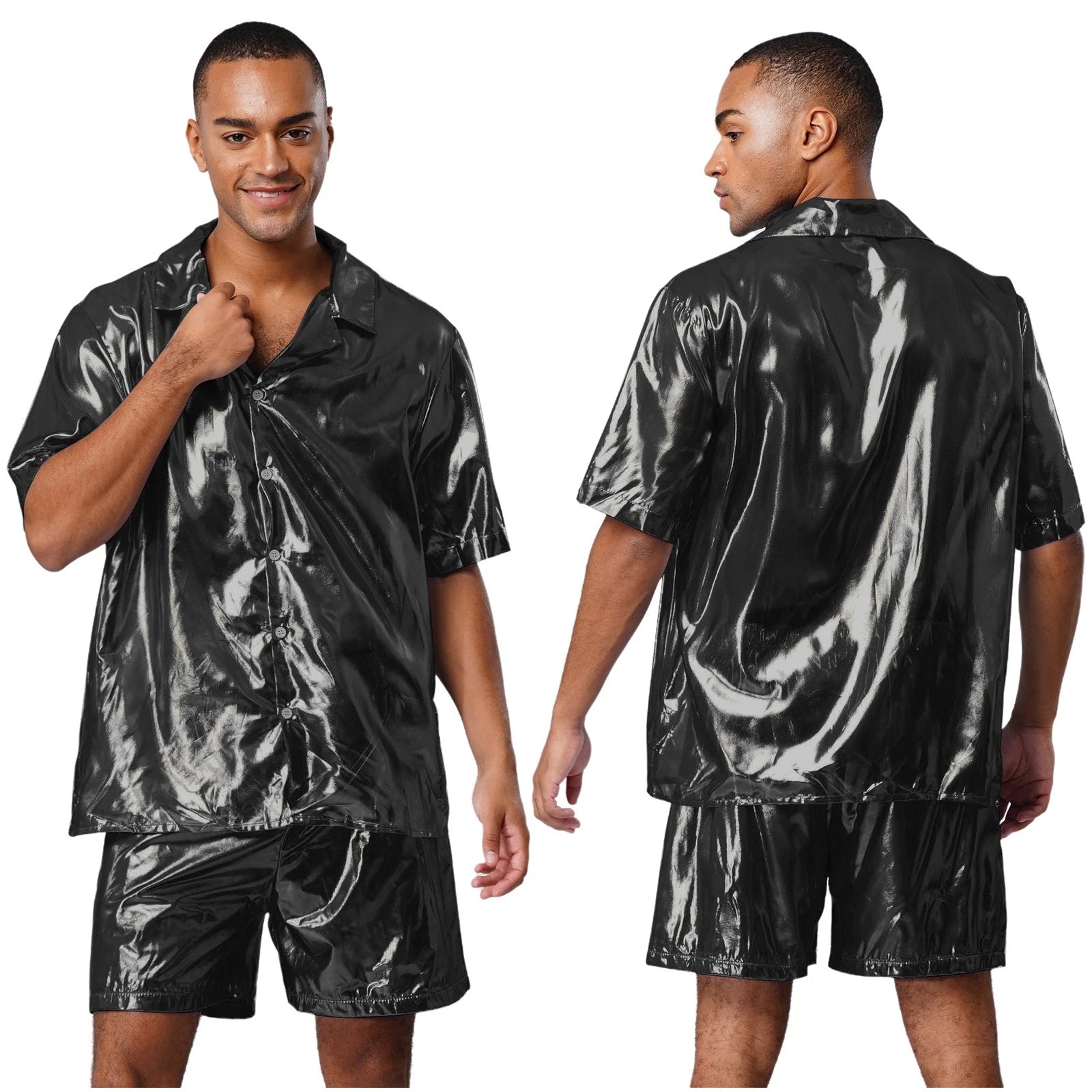 Men Shiny Glossy See-Through Metallic Chiffon Jumpsuit Bodysuit /Pajama Set
