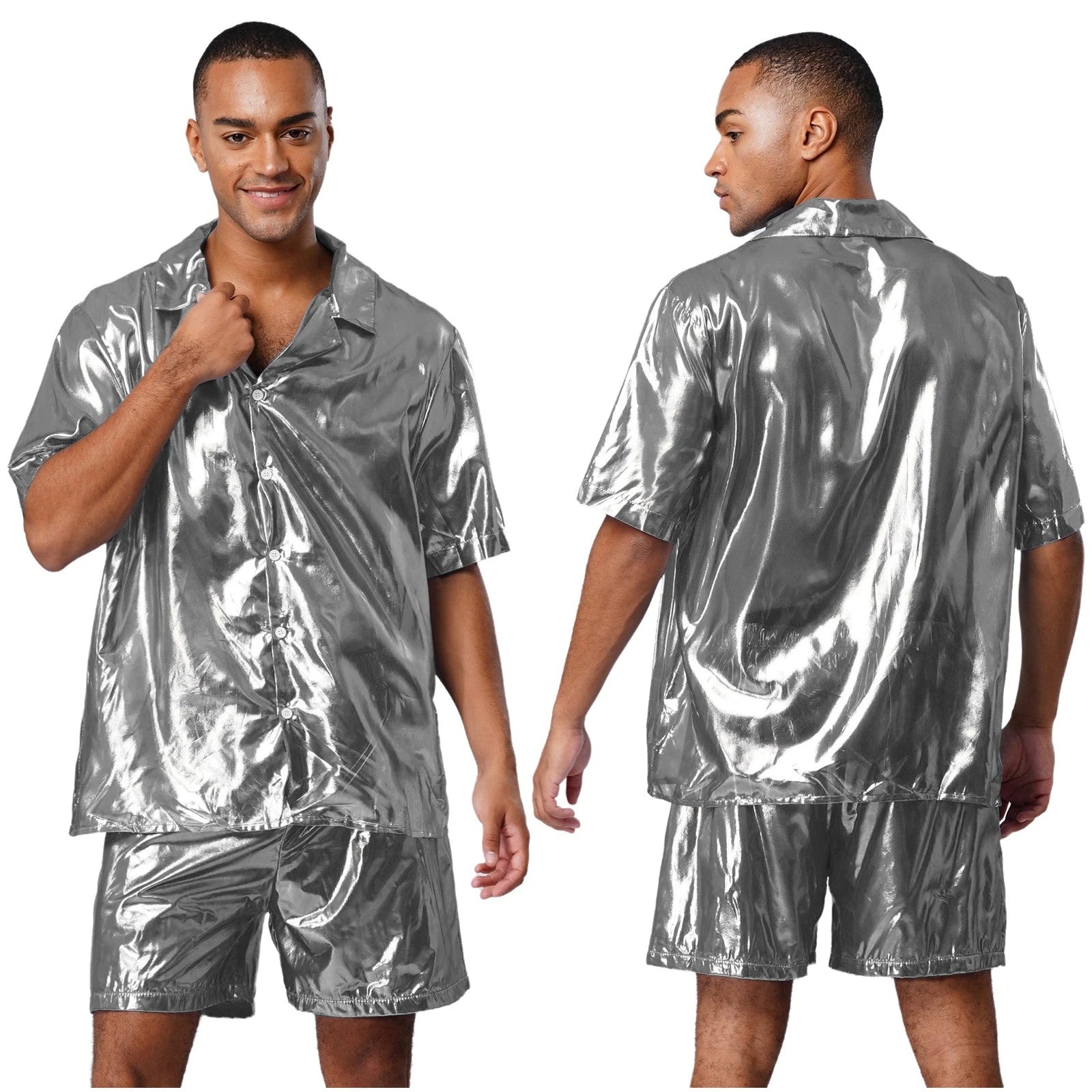 Men Shiny Glossy See-Through Metallic Chiffon Jumpsuit Bodysuit /Pajama Set