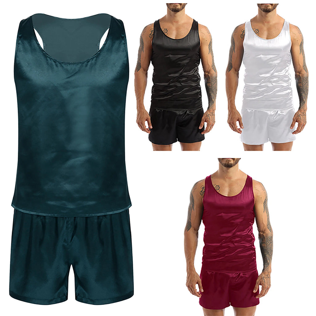 Men's Silk Satin Pajamas Set Vest Top and Boxer Shorts Sleepwear Home Loungewear