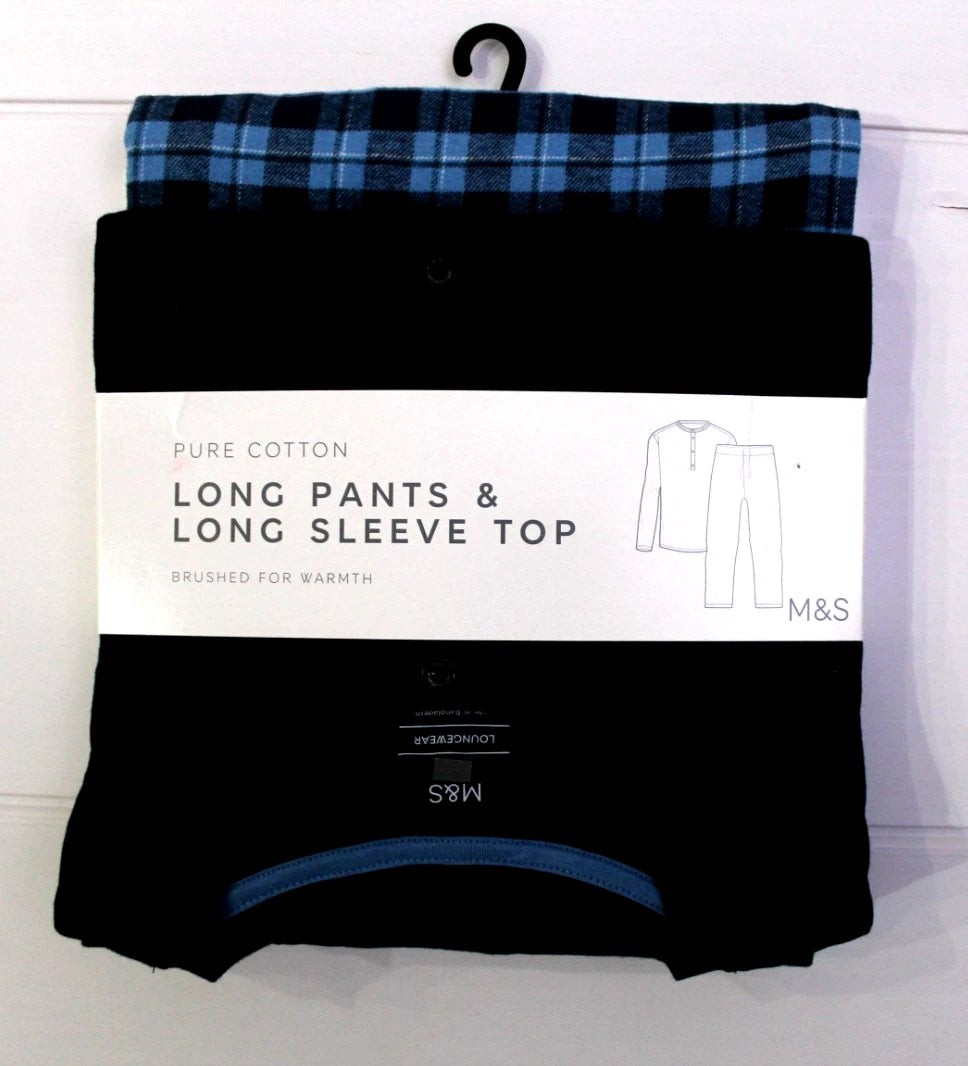 M & S Mens Pure Cotton Brushed For Warmth Pyjamas Loungewear Top & Long Pants