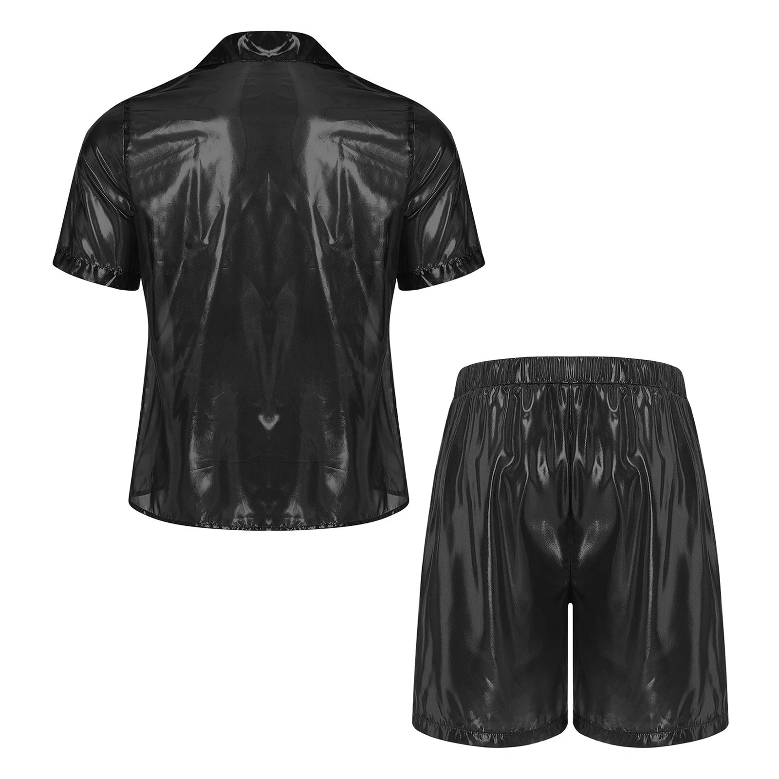 Men Shiny Glossy See-Through Metallic Chiffon Jumpsuit Bodysuit /Pajama Set