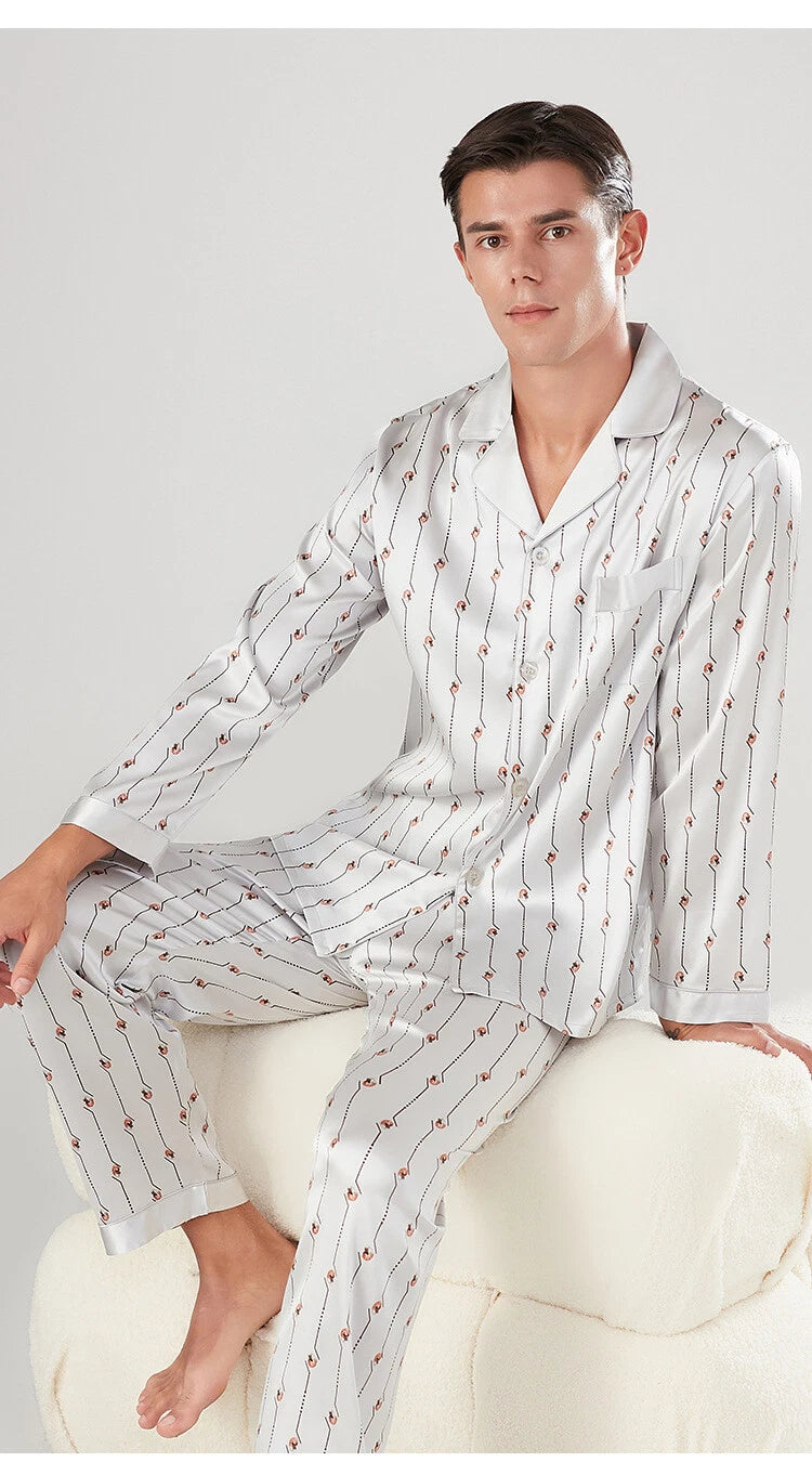Men's 19MM 100% Pure Mulberry Silk Pajamas Set Long Sleeves Silk Sleepwear S~3XL
