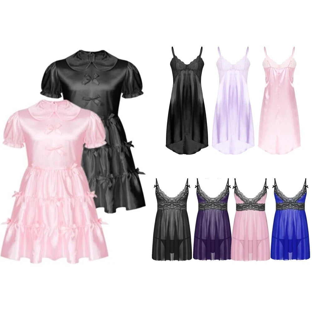 Mens Sissy Nightdress Pajamas Crossdress Nightwear Lingerie Set Sleepwear