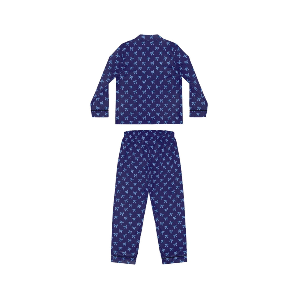 Navy Satin Pajama Set with Light Blue Bows, Women's Satin Pajamas, Silk Pajamas