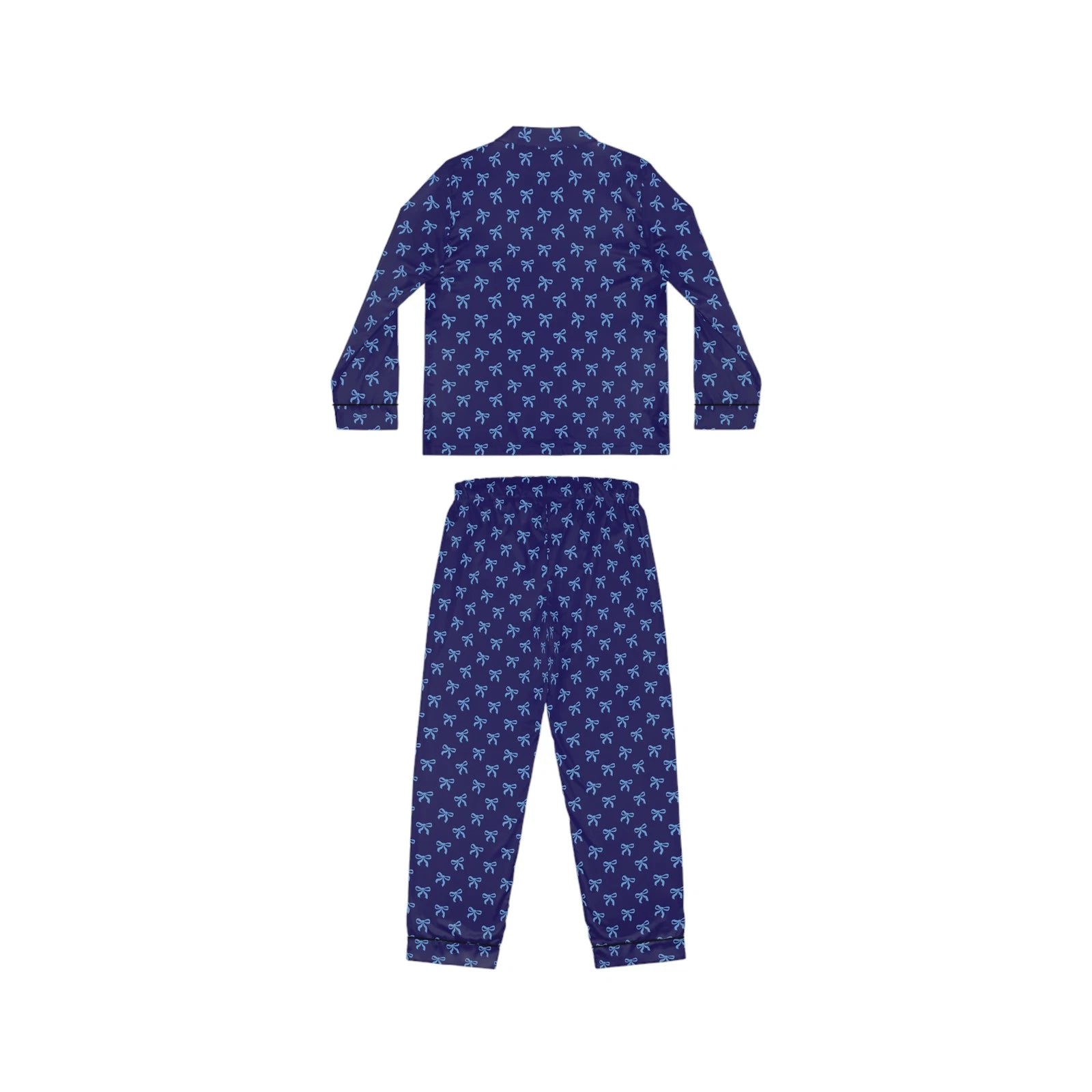 Navy Satin Pajama Set with Light Blue Bows, Women's Satin Pajamas, Silk Pajamas