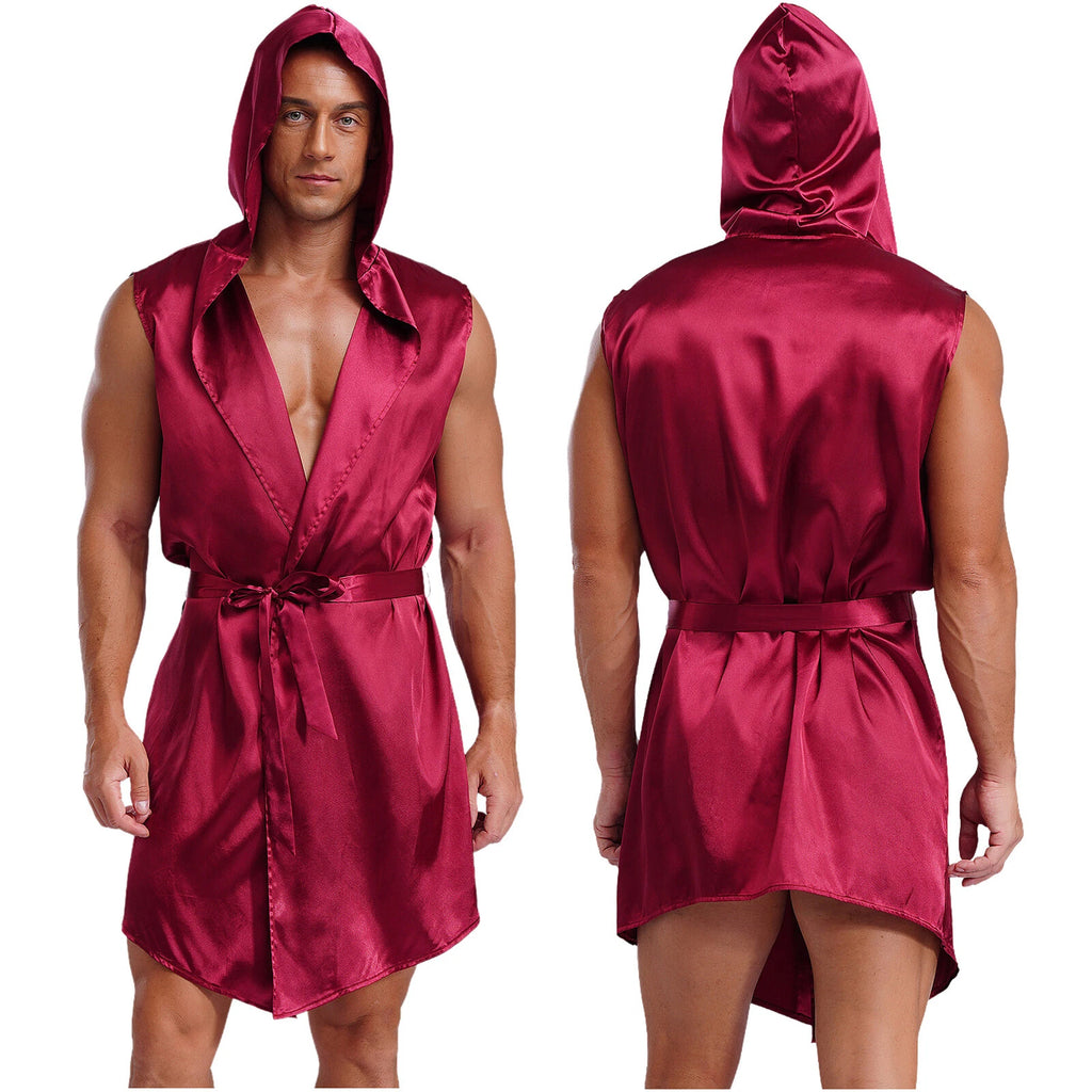 Men's Satiny Pajama Robe Set Sleeveless Silk Hooded Bathrobe with Belt Sleepwear