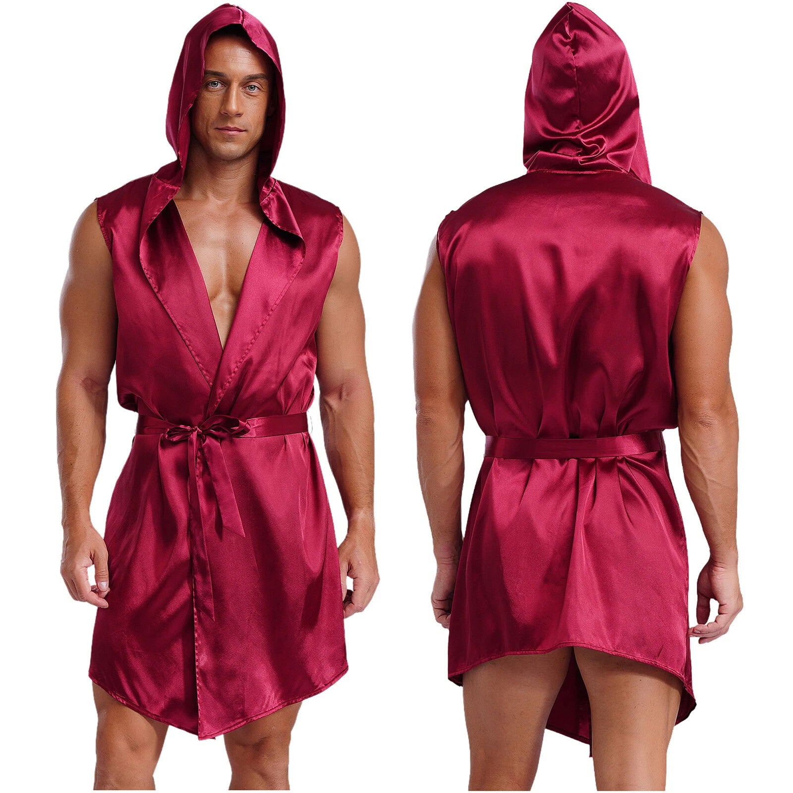 Men's Satiny Pajama Robe Set Sleeveless Silk Hooded Bathrobe with Belt Sleepwear