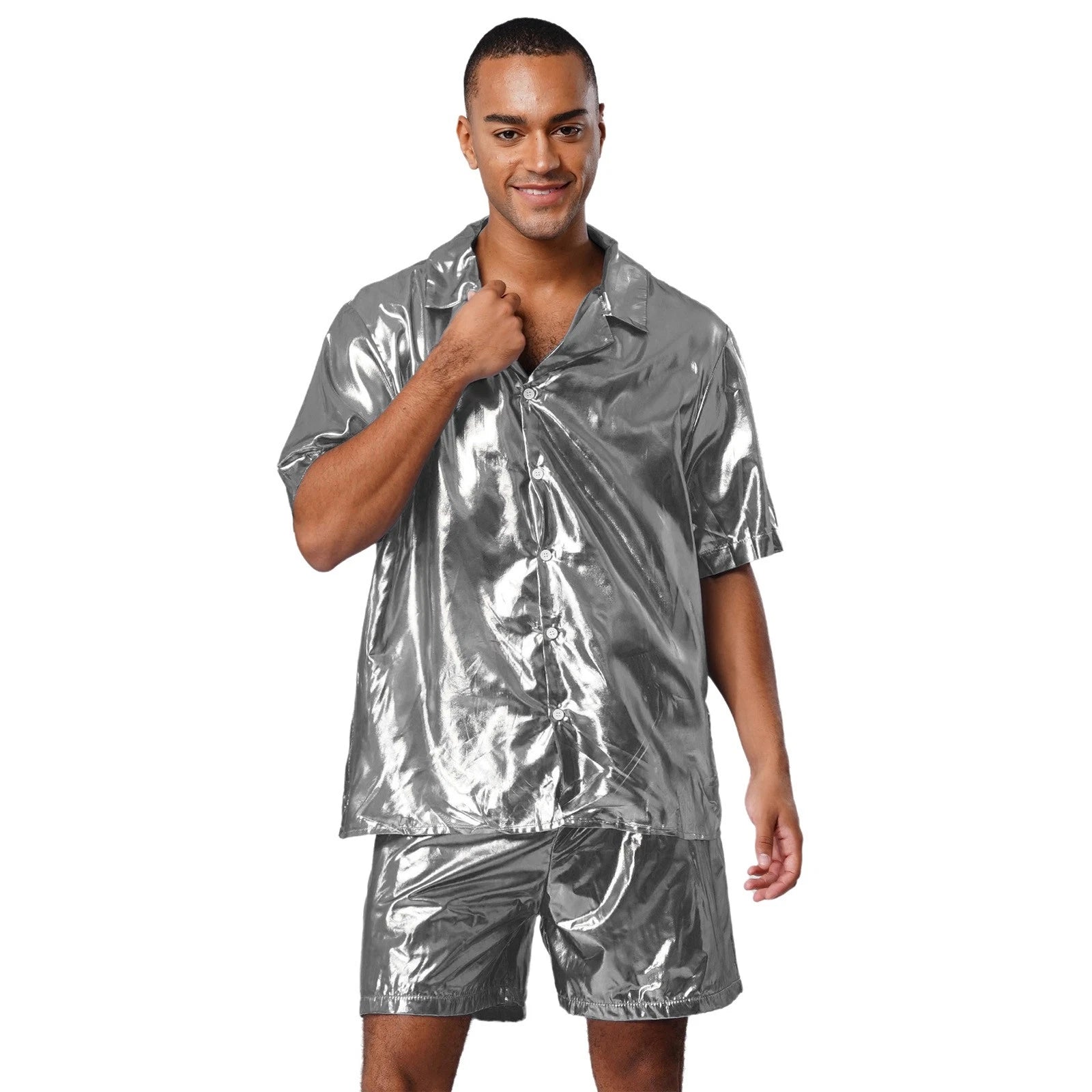 Men Shiny Glossy See-Through Metallic Chiffon Jumpsuit Bodysuit /Pajama Set