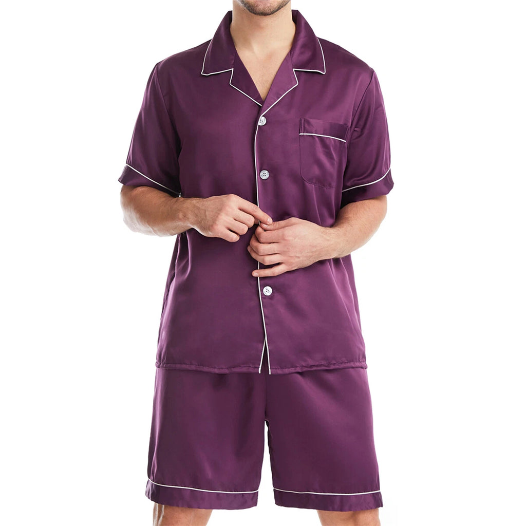 Men Satin Pajamas Set Shorts + Shirt Sleepwear Lounge Nightwear Buttons Outfit
