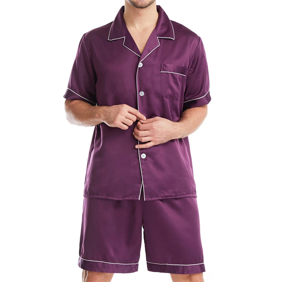 Men Satin Pajamas Set Shorts + Shirt Sleepwear Lounge Nightwear Buttons Outfit
