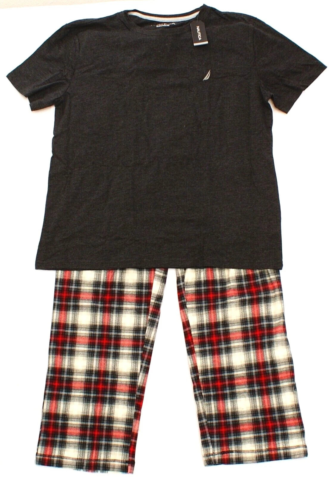 Nautica Black Short Sleeve Crew Neck Shirt & Plaid Pants Sleep Set Men's M NWT