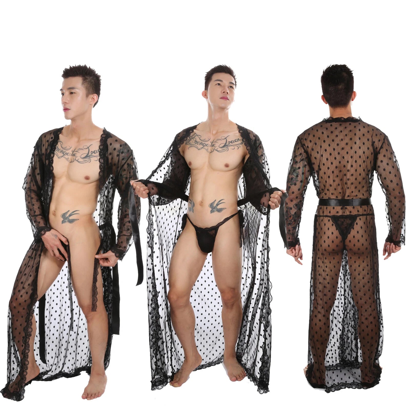 Mens See Through Lace Robe Bathrobe Nightwear Underwear Gown Pajamas Lingerie