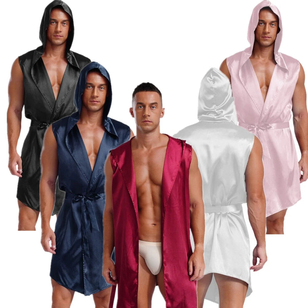 Men's Satiny Pajama Robe Set Sleeveless Silk Hooded Bathrobe with Belt Sleepwear