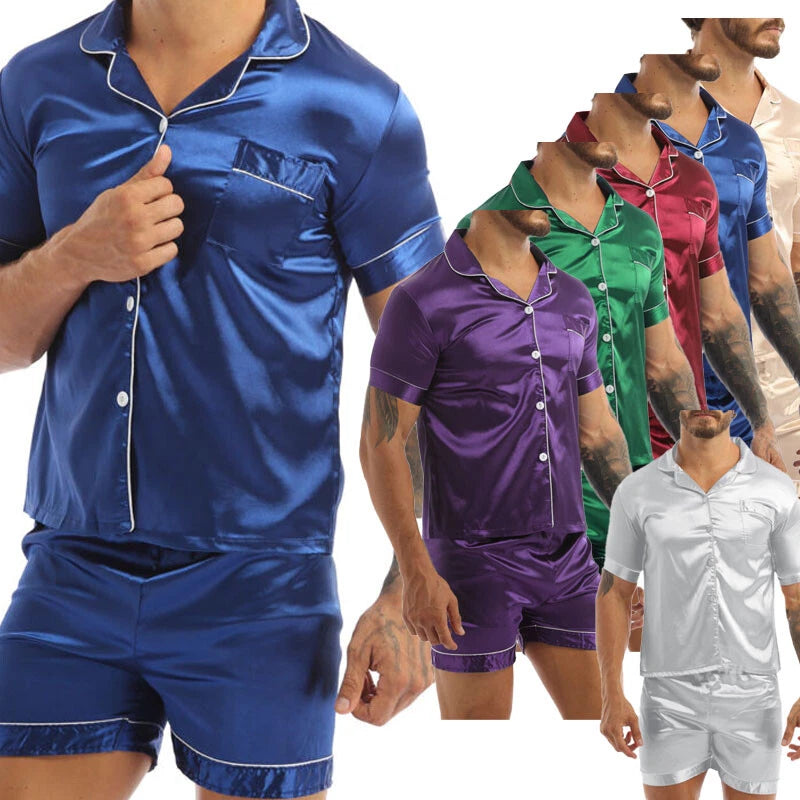 Mens Silk Satin Pajamas PJ Set Top and Bottom Shirts Shorts Sleepwear Nightwear