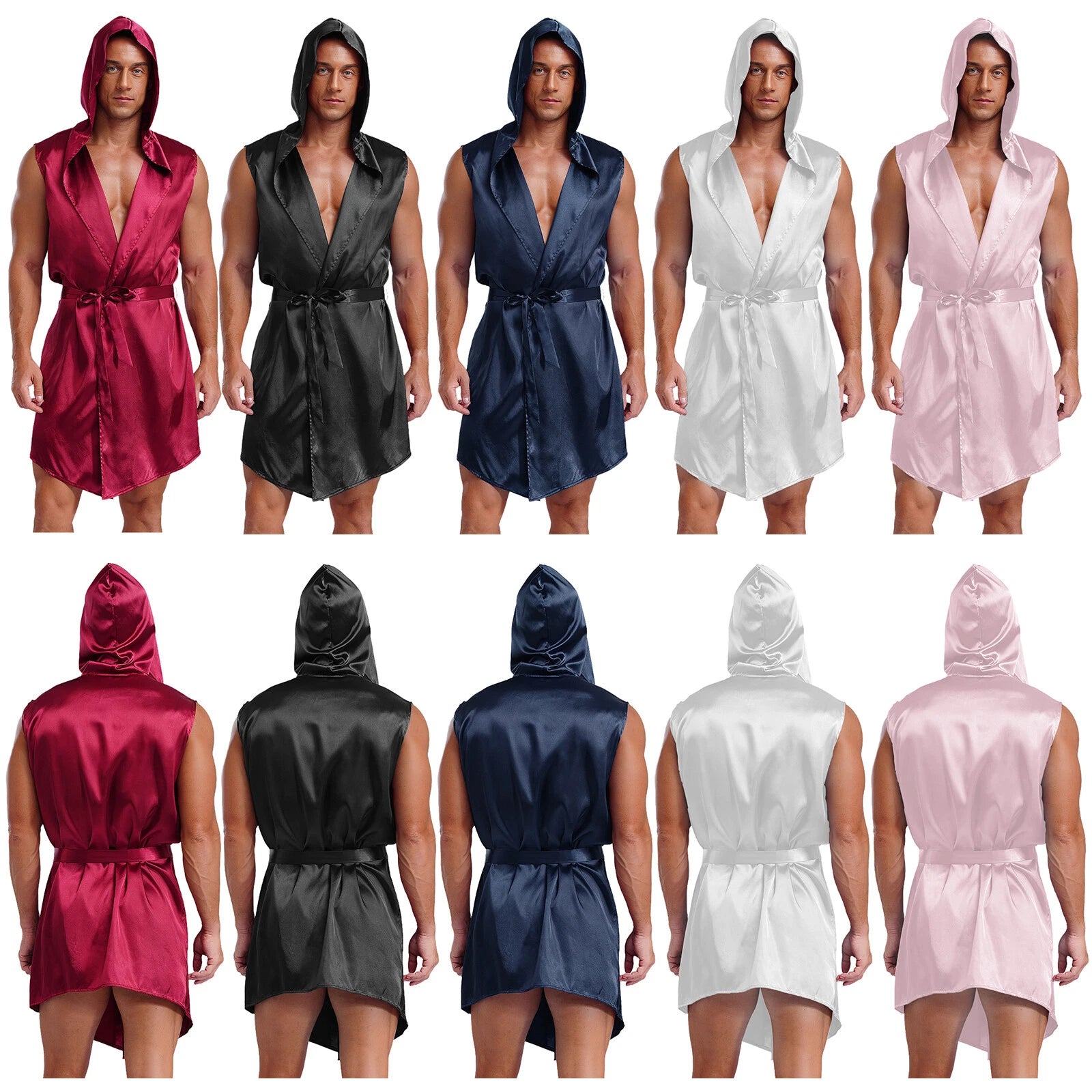 Men's Satiny Pajama Robe Set Sleeveless Silk Hooded Bathrobe with Belt Sleepwear