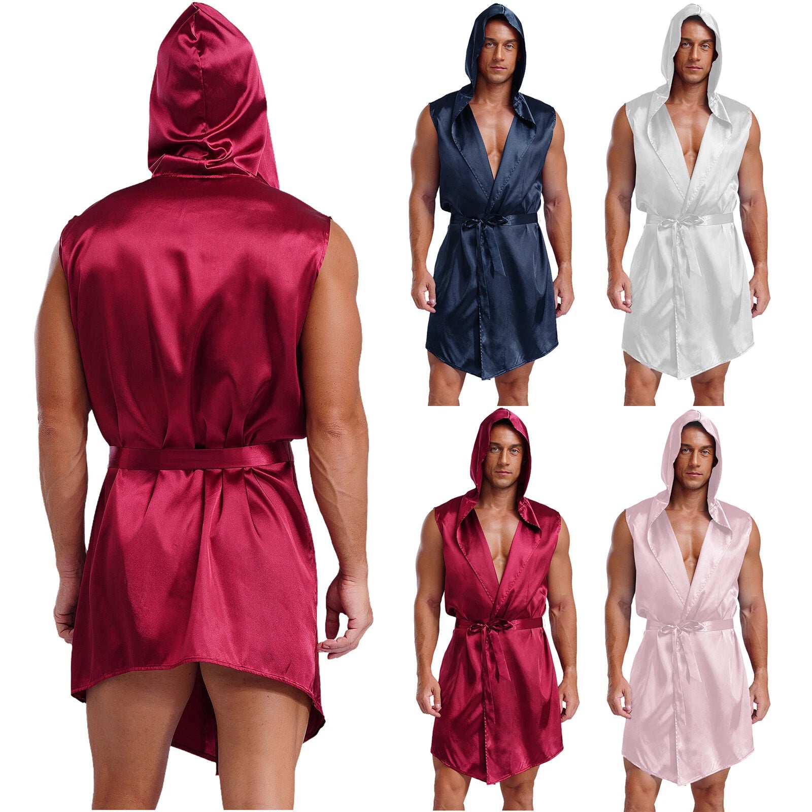 Men's Satiny Pajama Robe Set Sleeveless Silk Hooded Bathrobe with Belt Sleepwear
