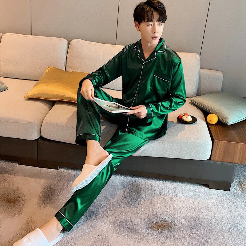 Mens Silk Satin Pajamas Set Sleepwear Pyjamas Long Sleeve PJ Set Top and Bottom