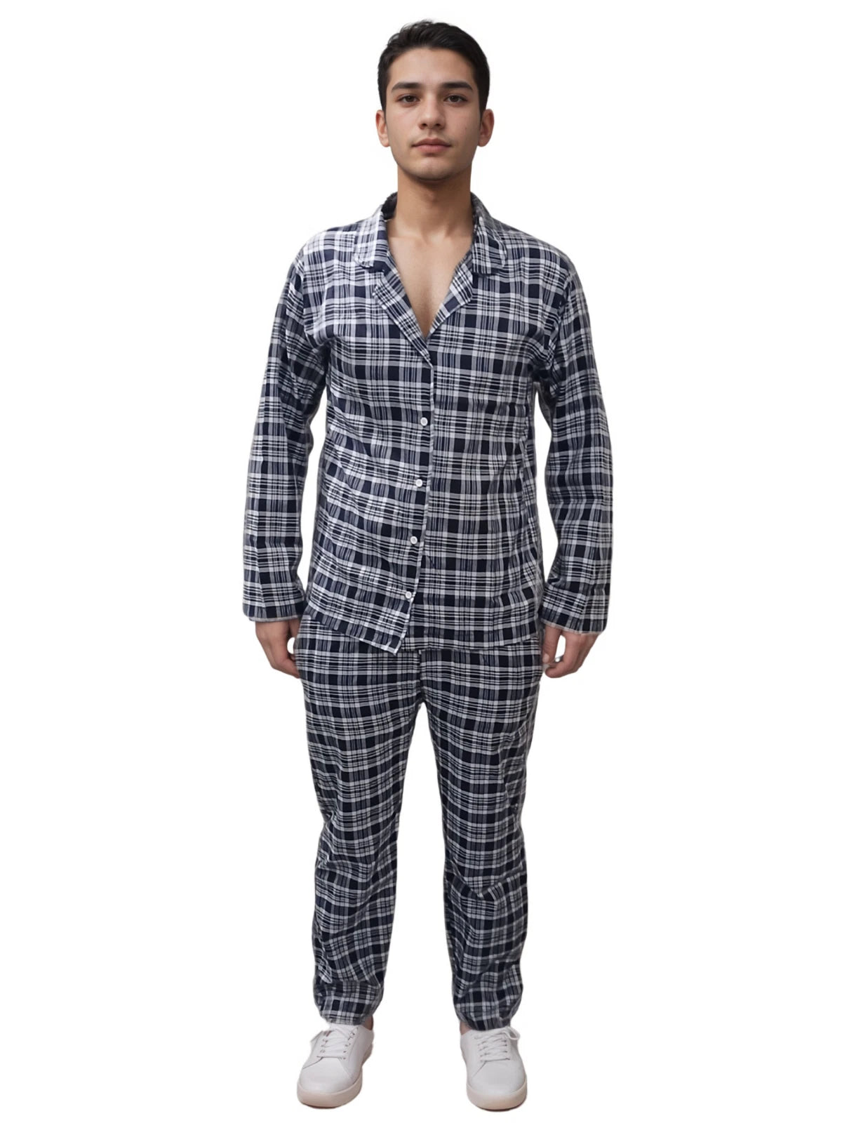 Mens Checked Pyjamas Set Cotton Blend Traditional Nightwear Lounge Wear Top PJ's
