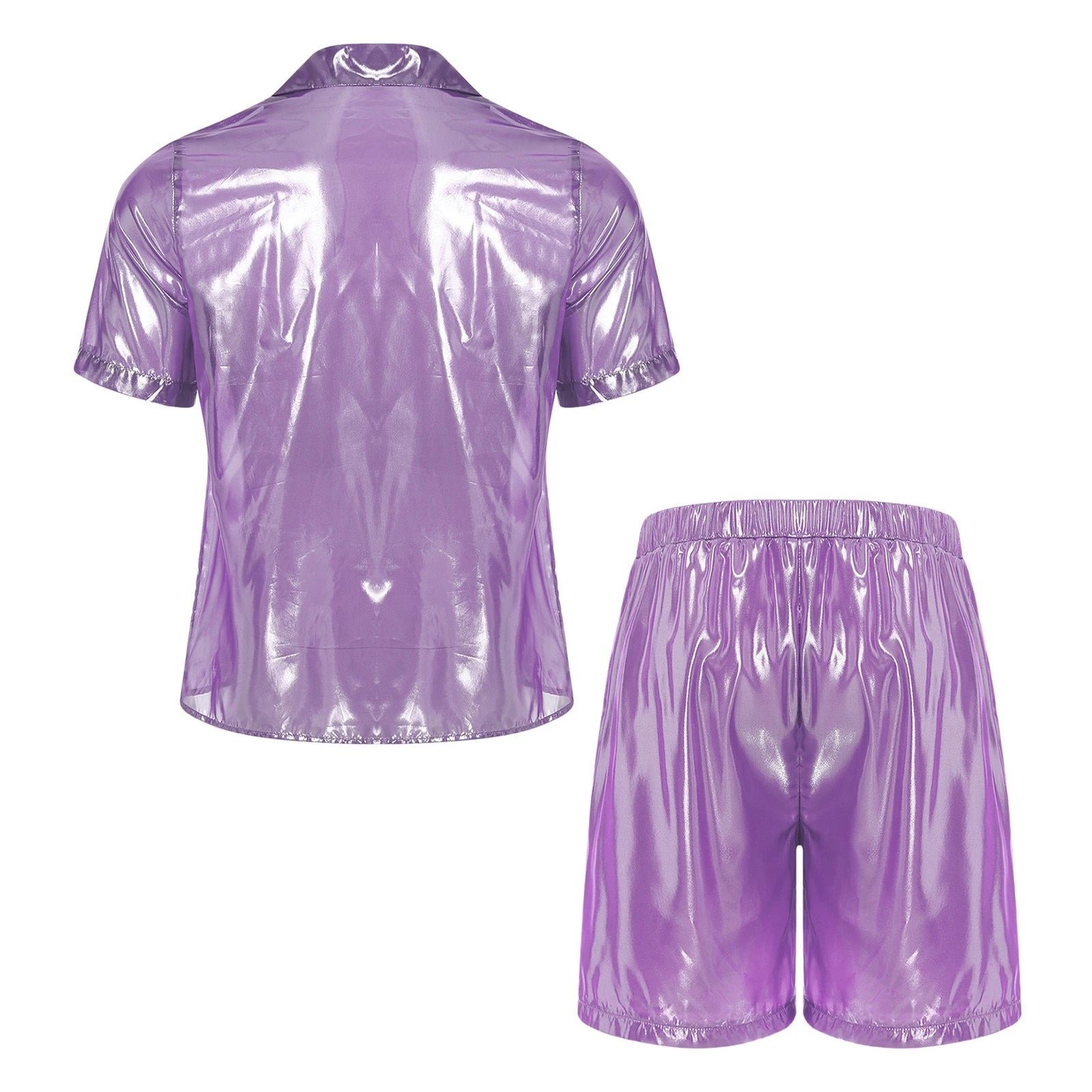 Men Shiny Glossy See-Through Metallic Chiffon Jumpsuit Bodysuit /Pajama Set