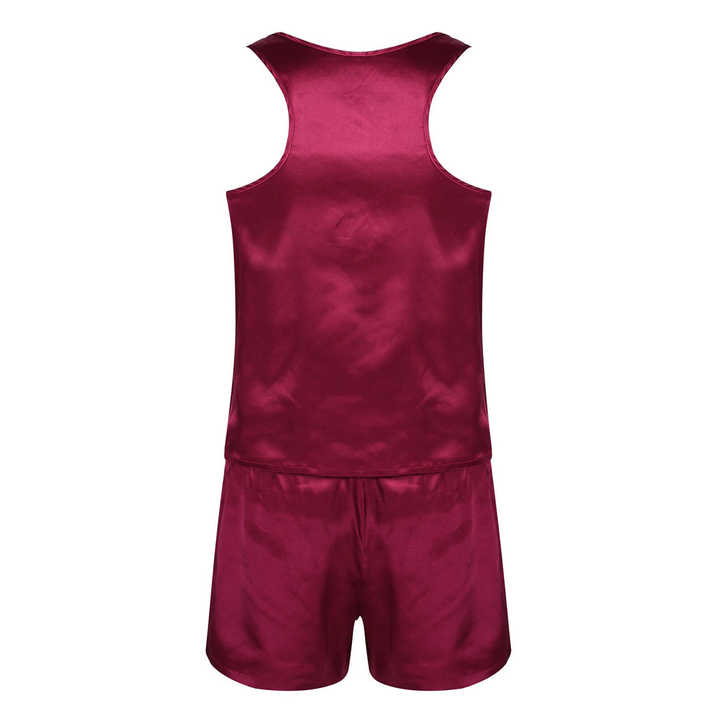 Men's Silk Satin Pajamas Set Vest Top and Boxer Shorts Sleepwear Home Loungewear