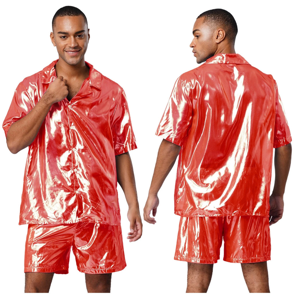 Men Shiny Glossy See-Through Metallic Chiffon Jumpsuit Bodysuit /Pajama Set