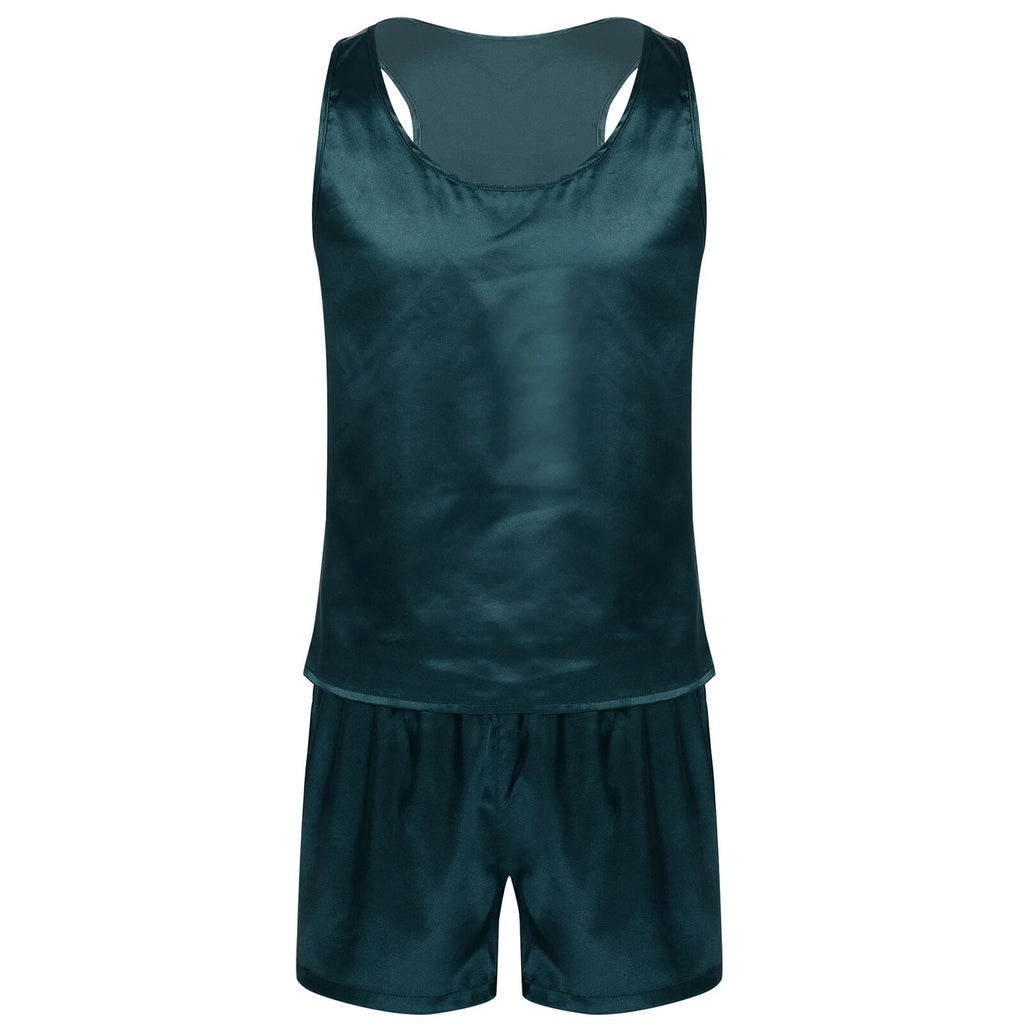 Men's Silk Satin Pajamas Set Vest Top and Boxer Shorts Sleepwear Home Loungewear