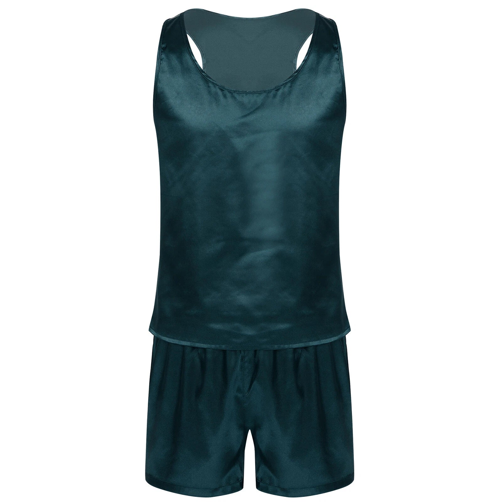 Men's Silk Satin Pajamas Set Vest Top and Boxer Shorts Sleepwear Home Loungewear