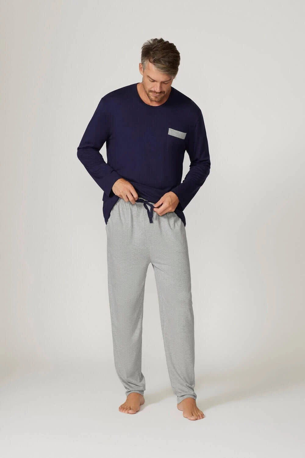 Mens Contare Sizes S-7XL Navy Blue Grey Bamboo Cotton Long Sleeve Pyjama Set Pjs