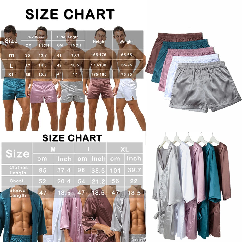Mens Pajamas Set Night Sleep Robes Silk Satin Nightgown Bathrobe Shorts Homewear