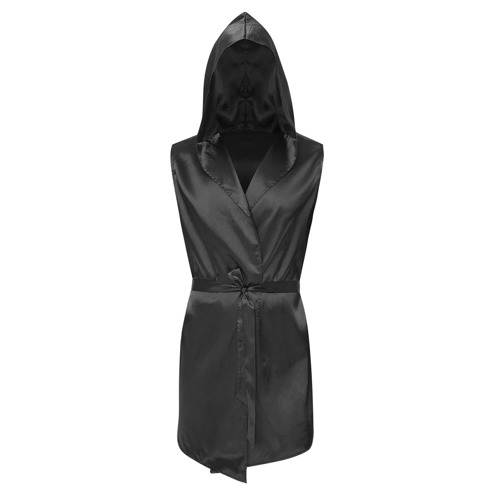Men's Satiny Pajama Robe Set Sleeveless Silk Hooded Bathrobe with Belt Sleepwear