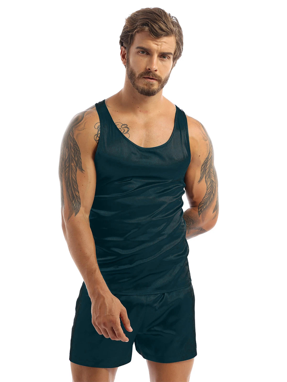 Men's Silk Satin Pajamas Set Vest Top and Boxer Shorts Sleepwear Home Loungewear