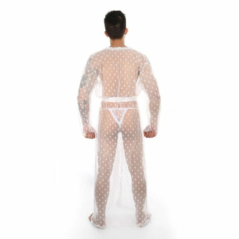 Mens Dress Long Sleeve Bathrobe Kimono Pajamas Lace Clear Thong Set-