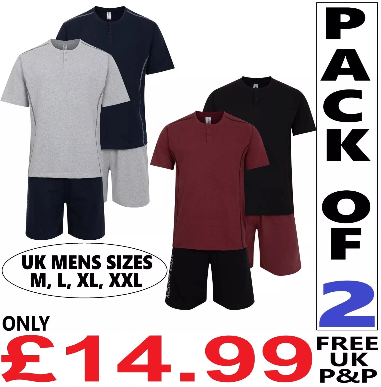 Mens 2 Pack Short Pyjamas Nightwear PJ Sets Twin Pack UK Sizes L XL XXL #N.E.