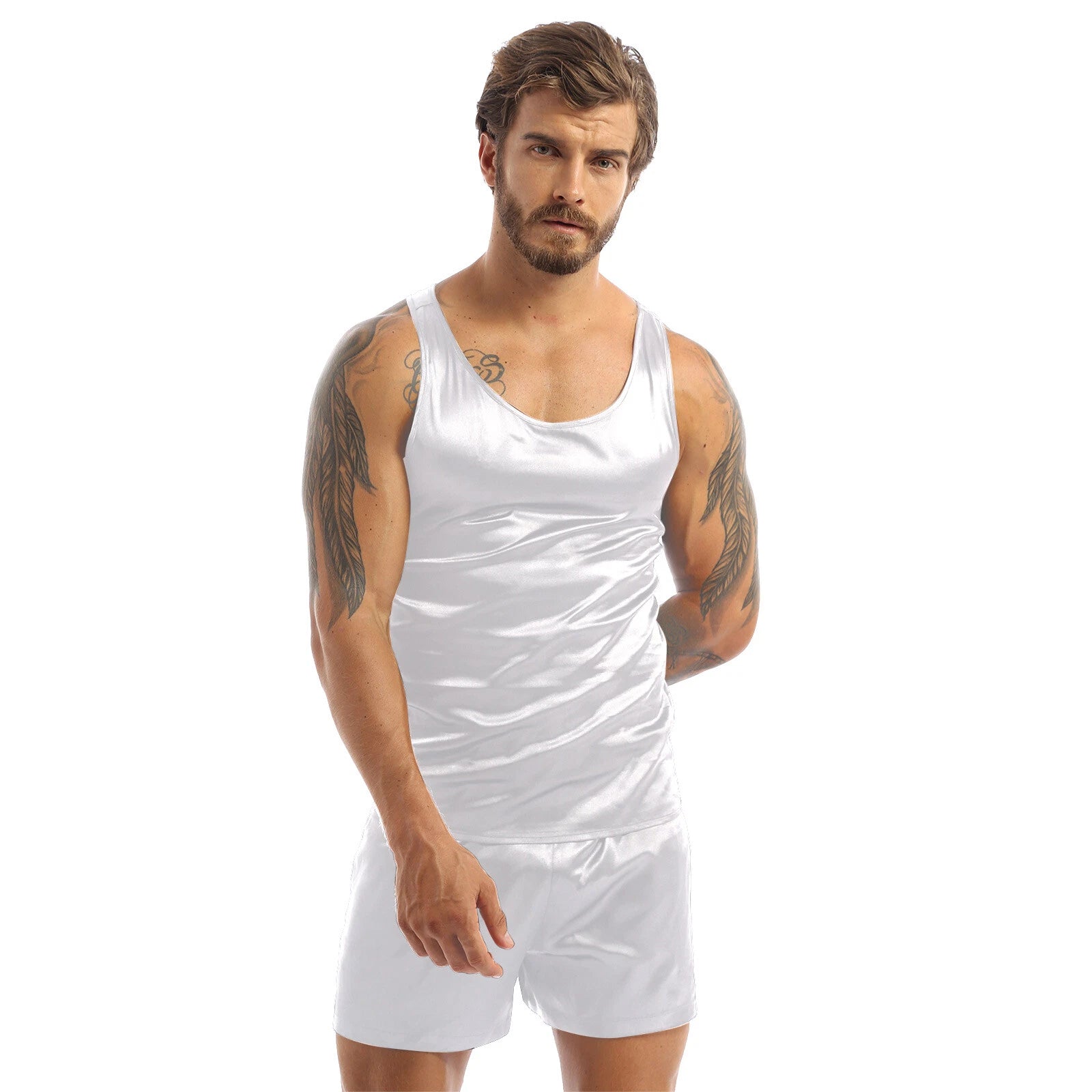 Men's Silk Satin Pajamas Set Vest Top and Boxer Shorts Sleepwear Home Loungewear