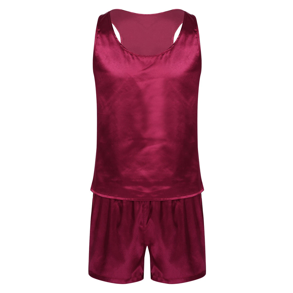 Men's Silk Satin Pajamas Set Vest Top and Boxer Shorts Sleepwear Home Loungewear