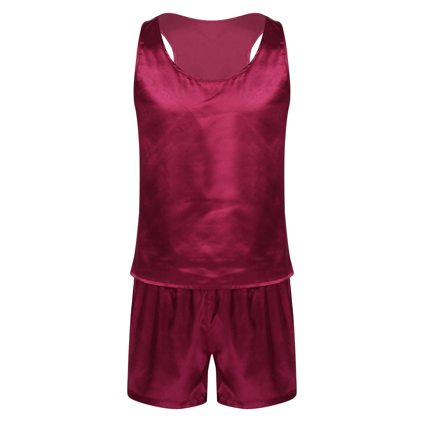 Men's Silk Satin Pajamas Set Vest Top and Boxer Shorts Sleepwear Home Loungewear