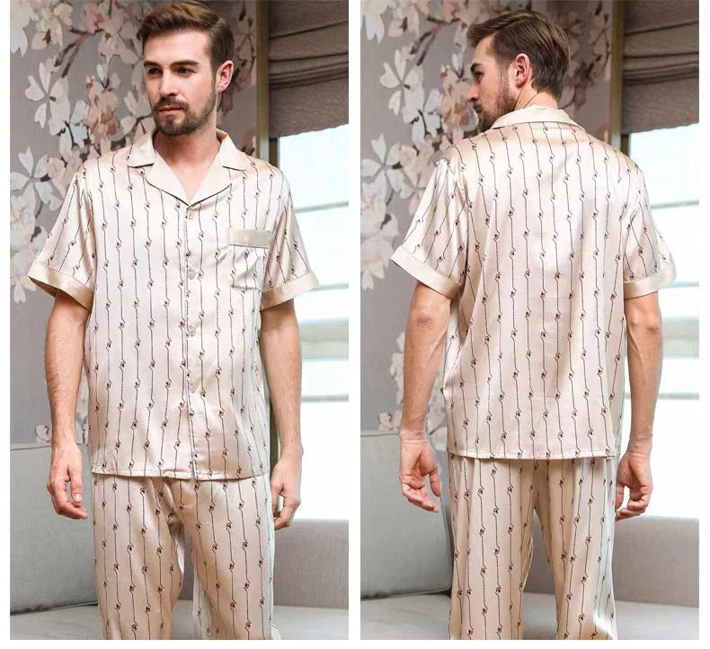 Men's Print 100% Mulberry Silk Pajamas Set Short Sleeves Silk Sleepwear S M L