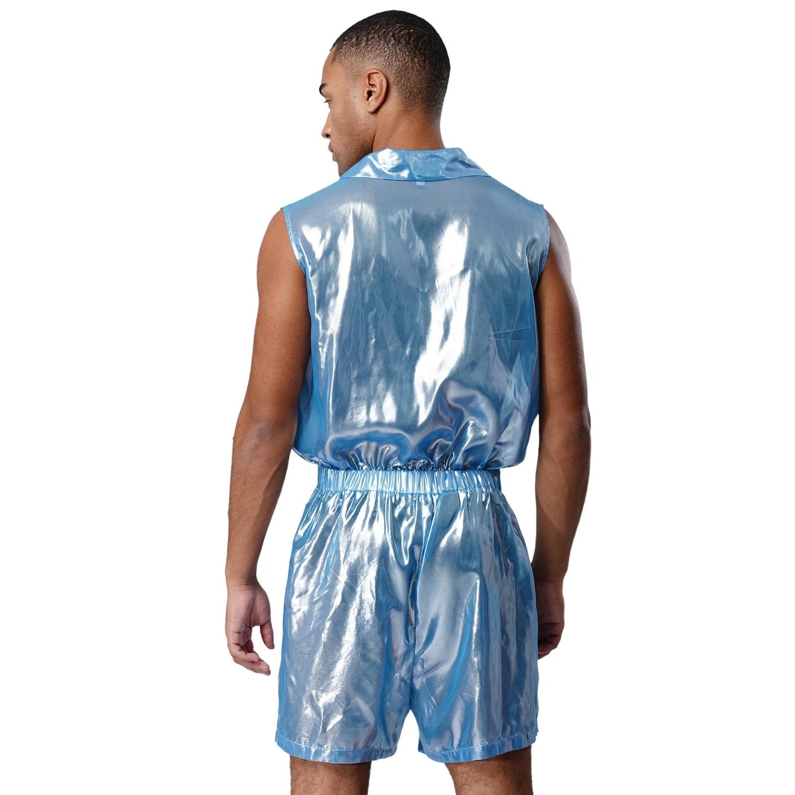 Men Shiny Glossy See-Through Metallic Chiffon Jumpsuit Bodysuit /Pajama Set